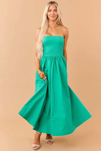 Kelly Green Strapless Knit Contrast Cotton Maxi Dress