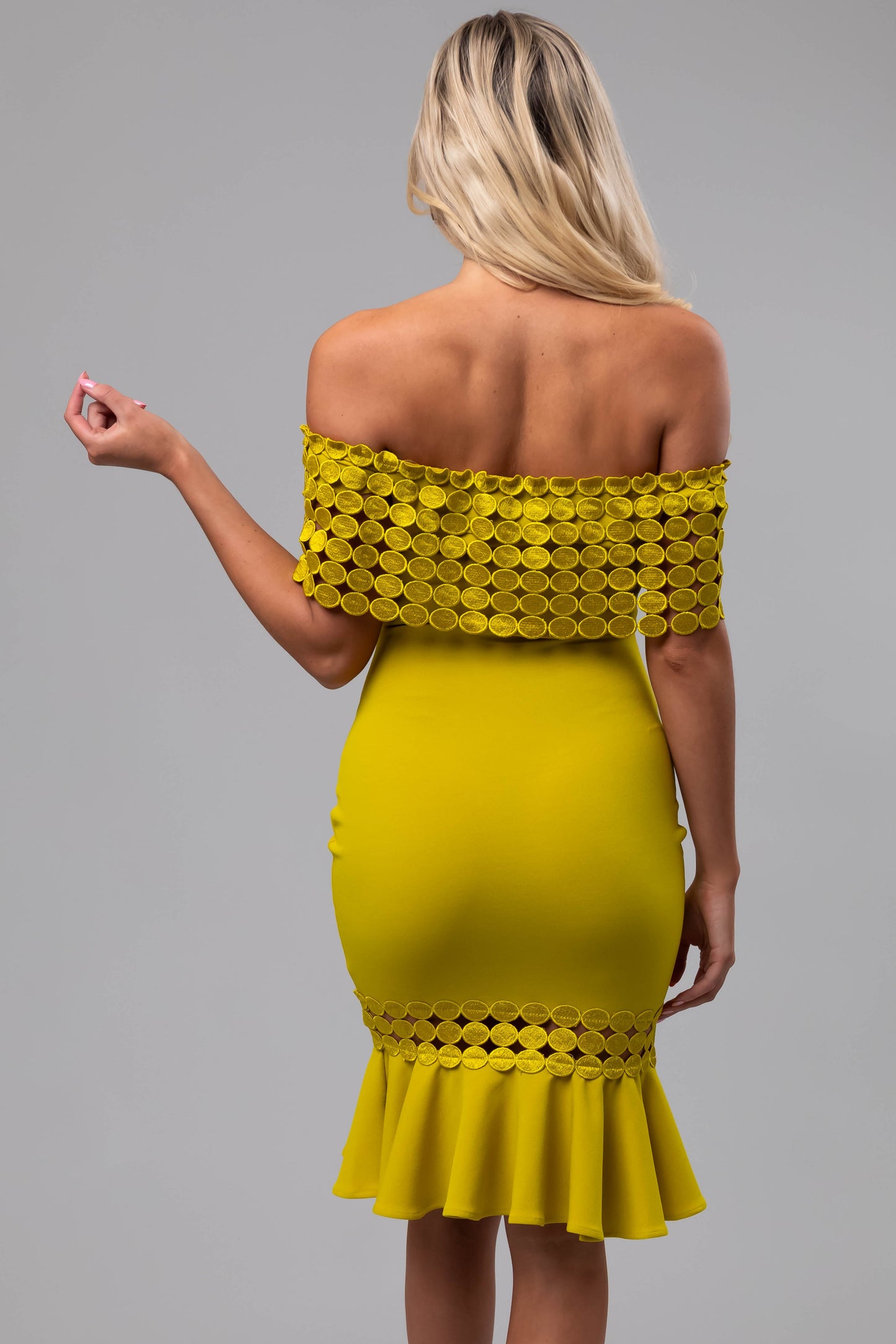 Key Lime Off Shoulder Circle Crochet Midi Dress