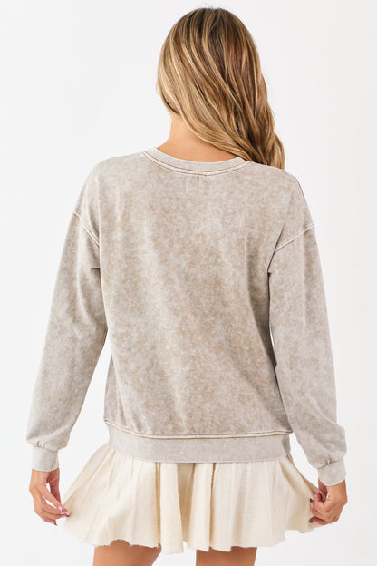Khaki Acid Washed Western Graphic Knit Top