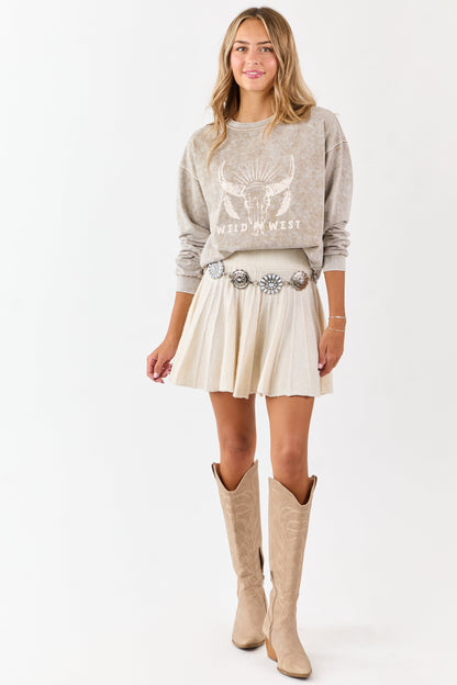 Khaki Acid Washed Western Graphic Knit Top
