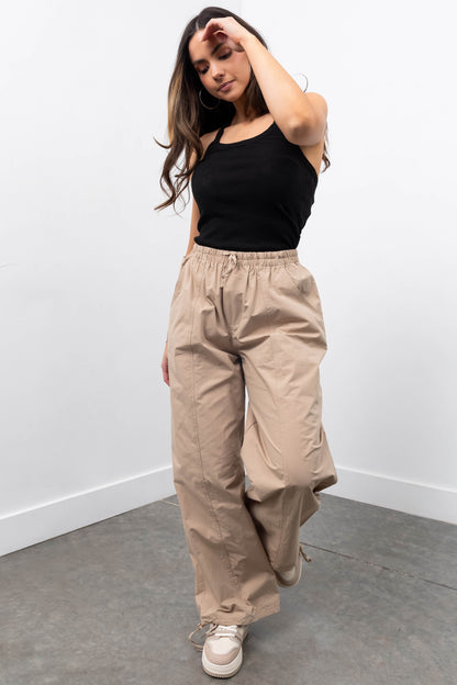 Khaki Drawstring Hem Windbreaker Pants
