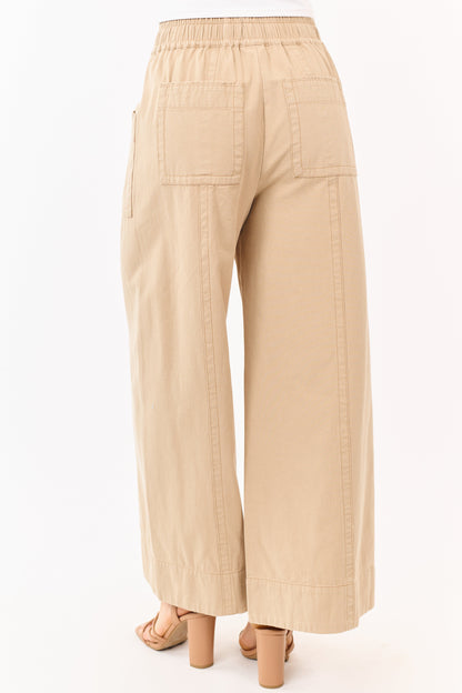 Khaki Elastic Drawstring Waist Wide Leg Twill Pants