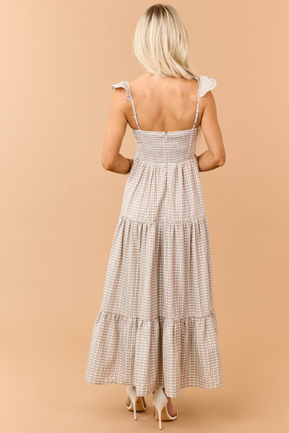 Khaki Heart Gingham Ruffle Strap Maxi Dress