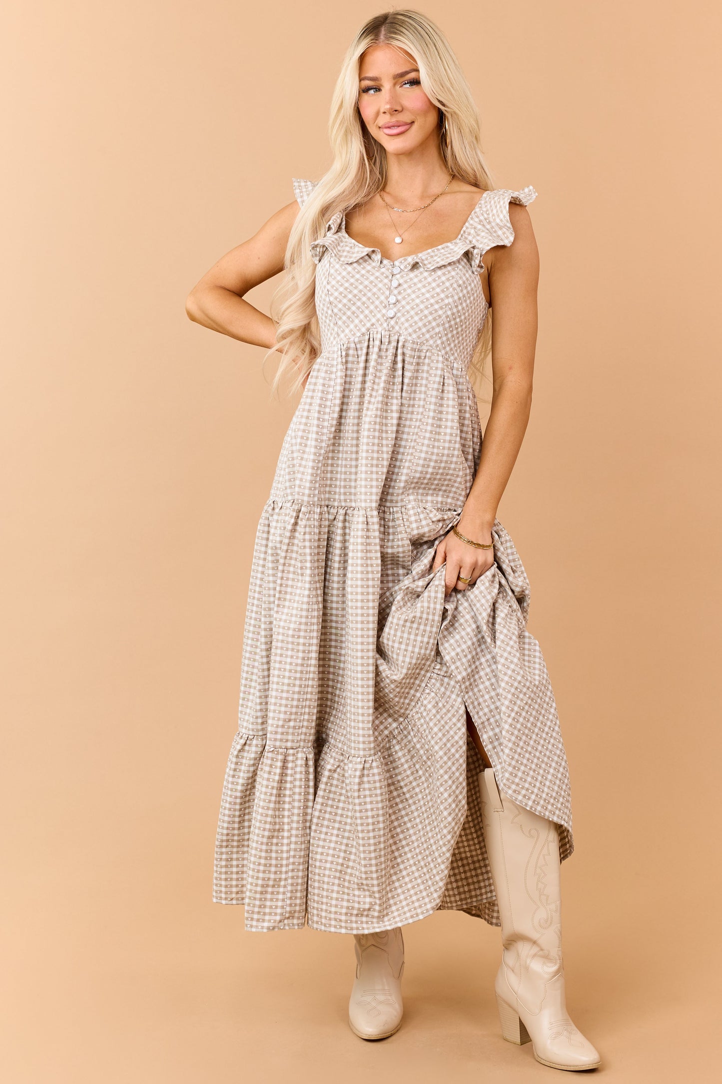 Khaki Heart Gingham Ruffle Strap Maxi Dress