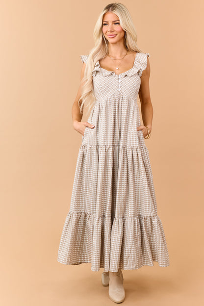 Khaki Heart Gingham Ruffle Strap Maxi Dress