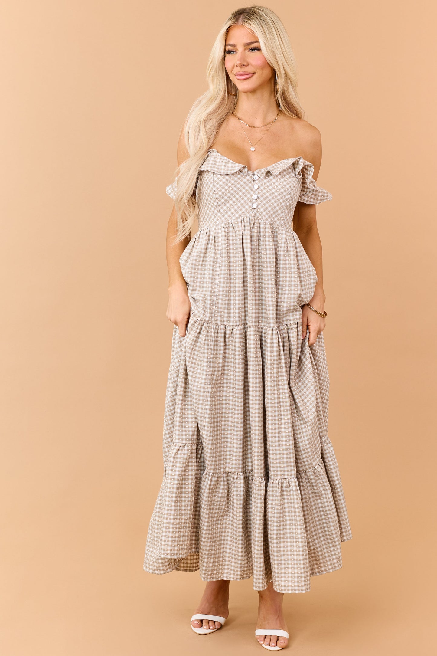 Khaki Heart Gingham Ruffle Strap Maxi Dress