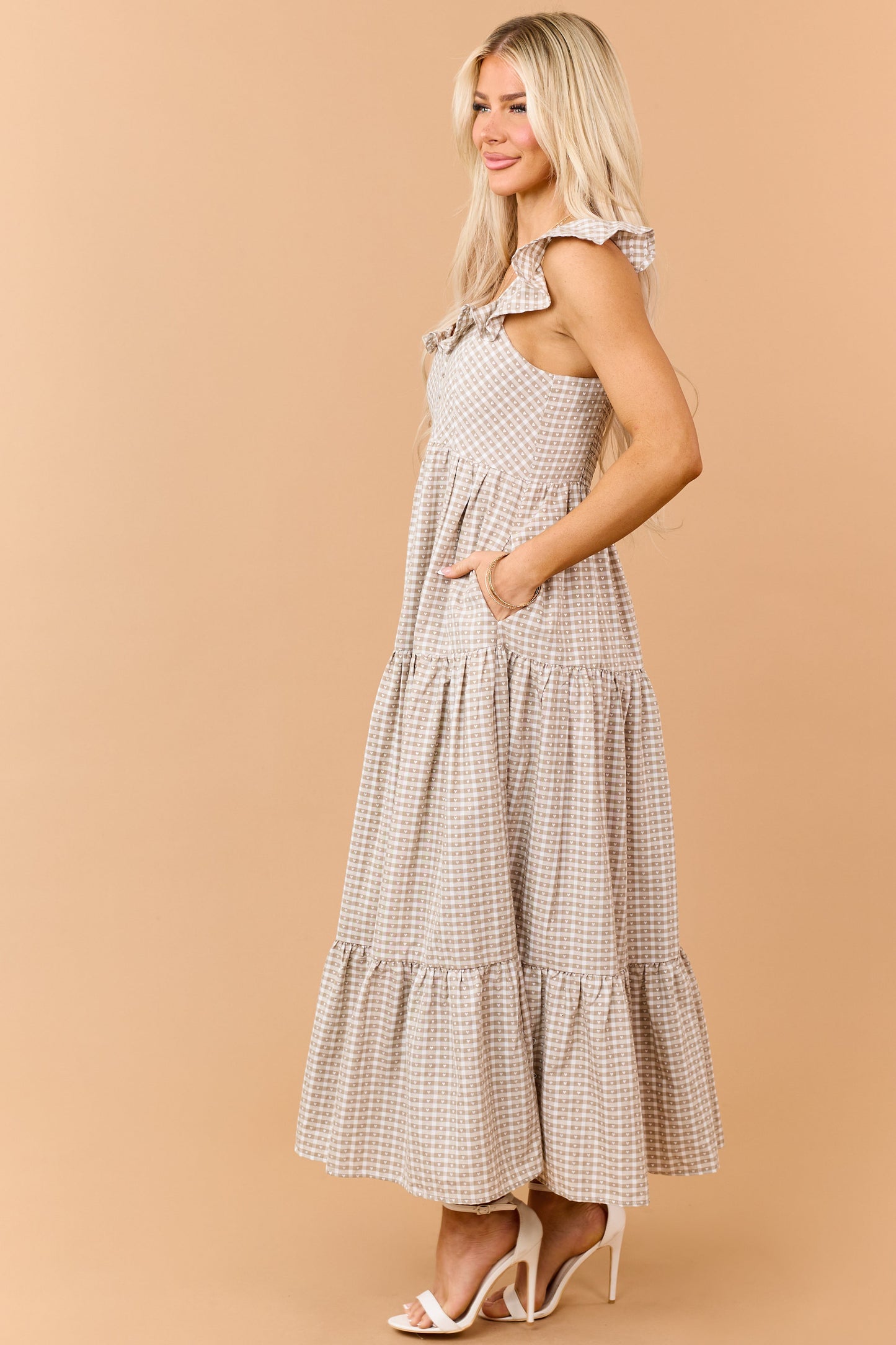 Khaki Heart Gingham Ruffle Strap Maxi Dress