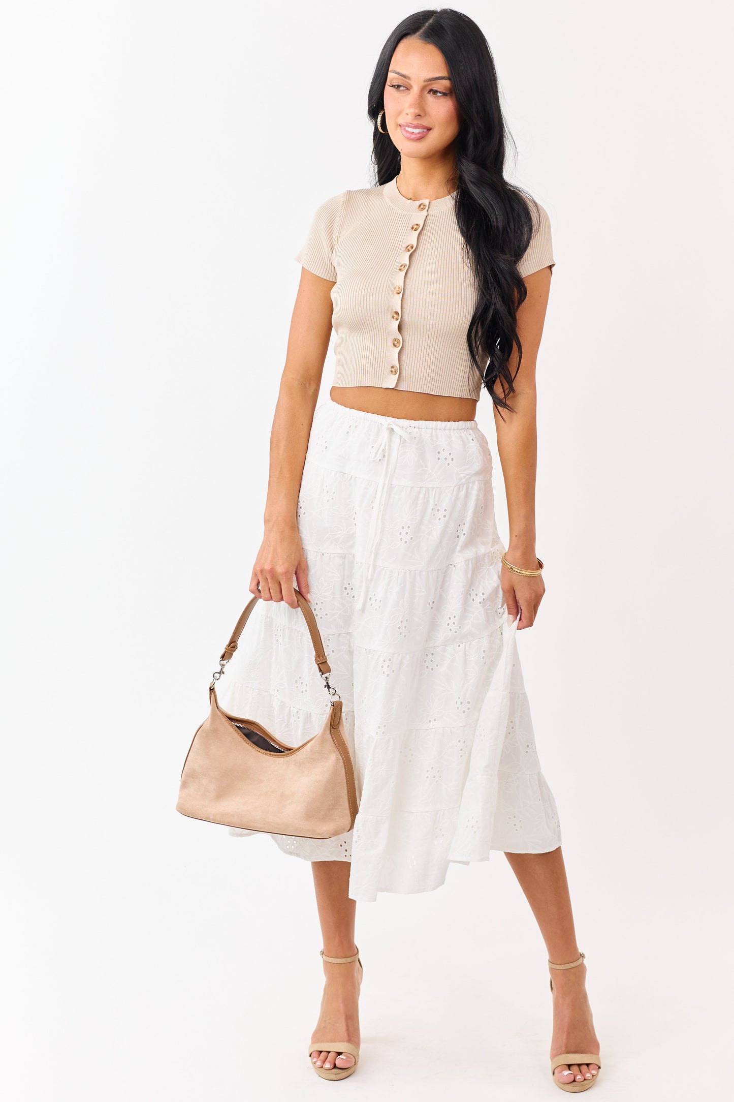 Khaki Rib Knit Cropped Short Sleeve Top
