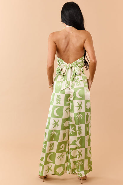 Kiwi Checkered Coastal Print Satin Pants Set