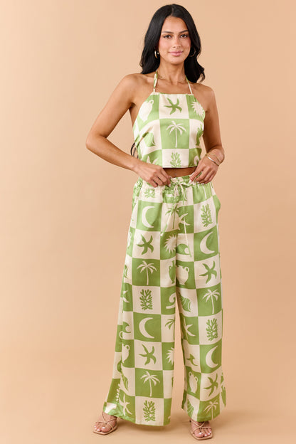 Kiwi Checkered Coastal Print Satin Pants Set