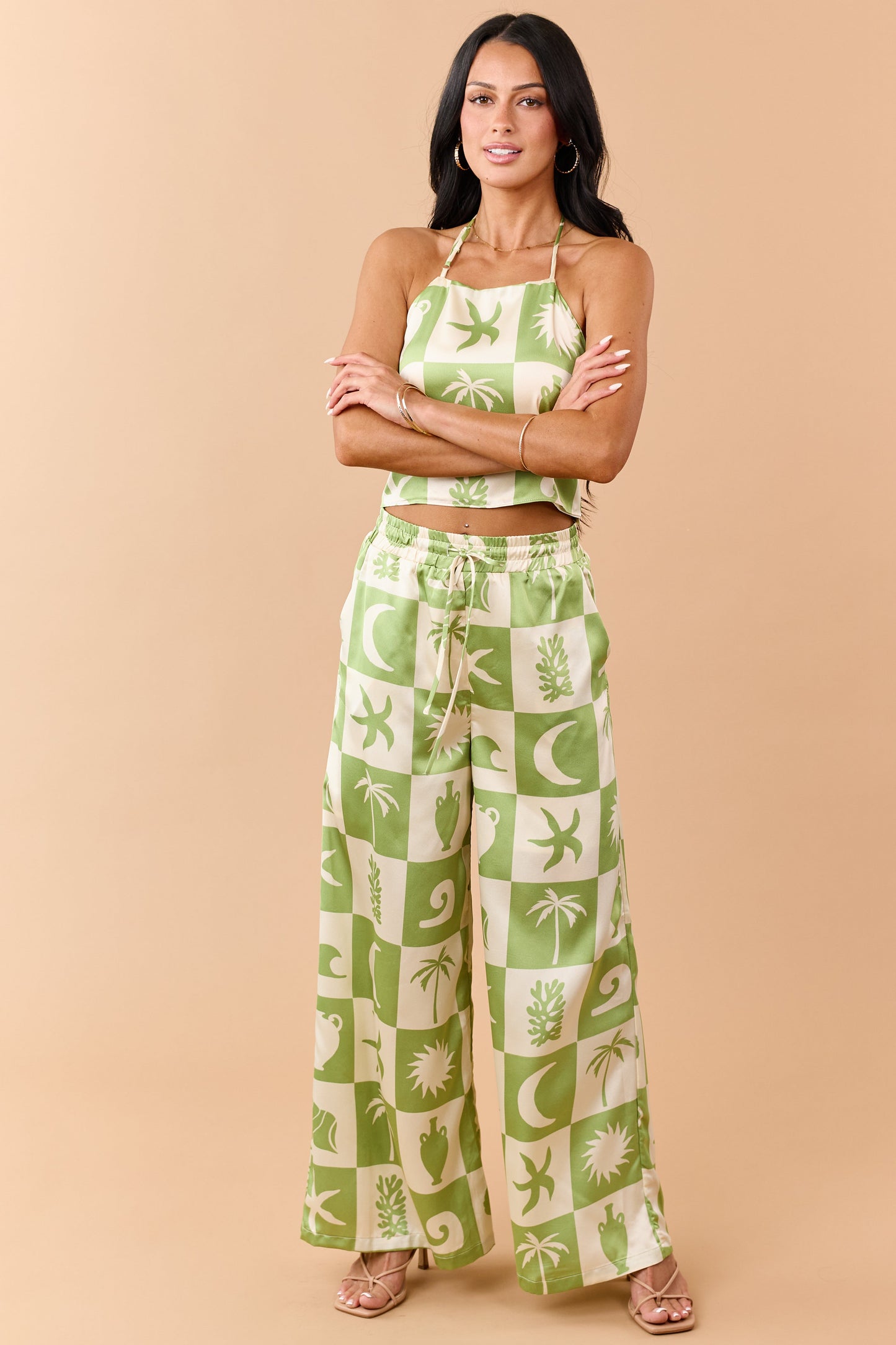 Kiwi Checkered Coastal Print Satin Pants Set