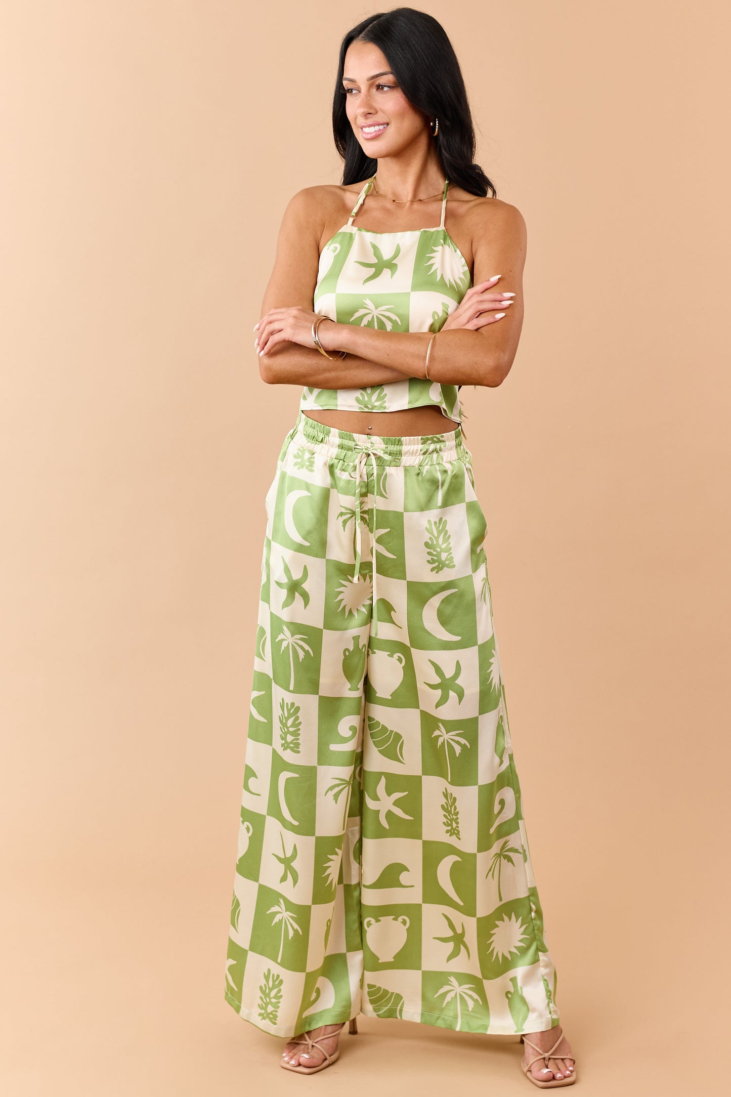 Kiwi Checkered Coastal Print Satin Pants Set