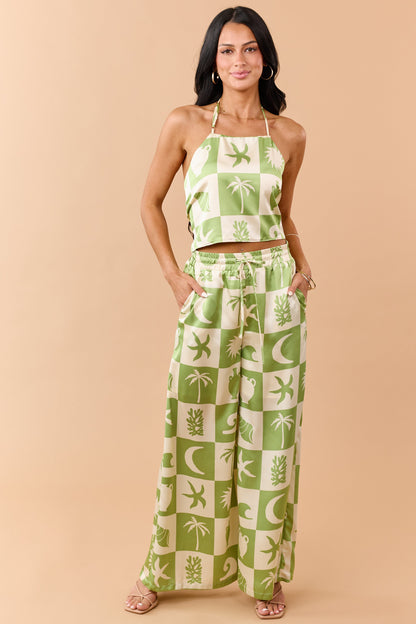 Kiwi Checkered Coastal Print Satin Pants Set