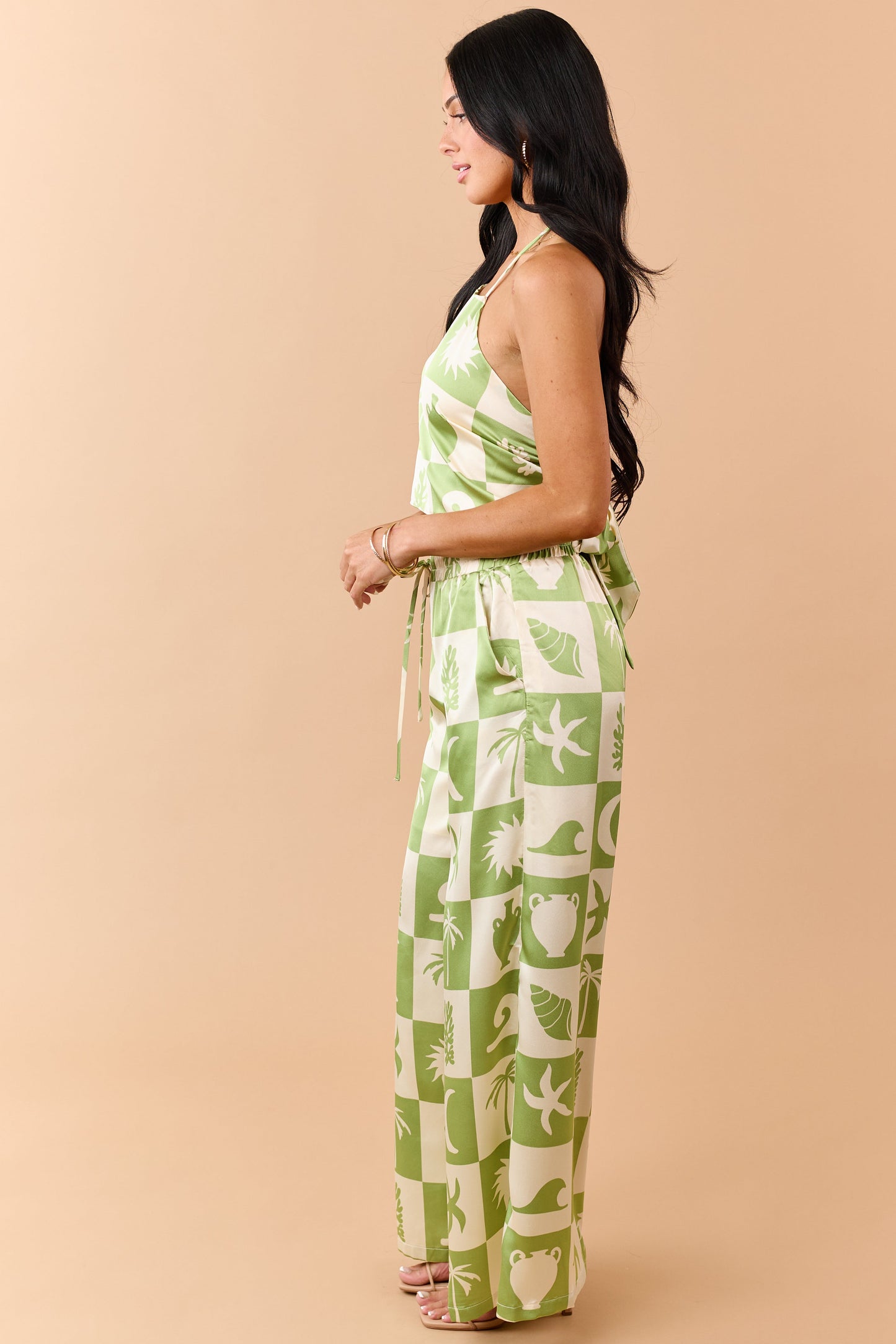 Kiwi Checkered Coastal Print Satin Pants Set