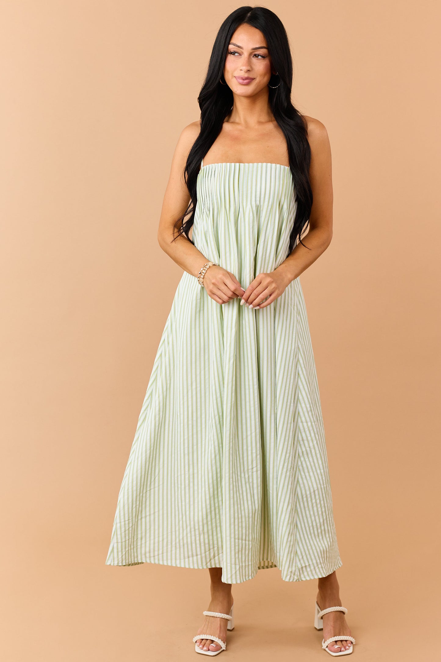 Kiwi Striped Pleated Bust Flowy Maxi Dress