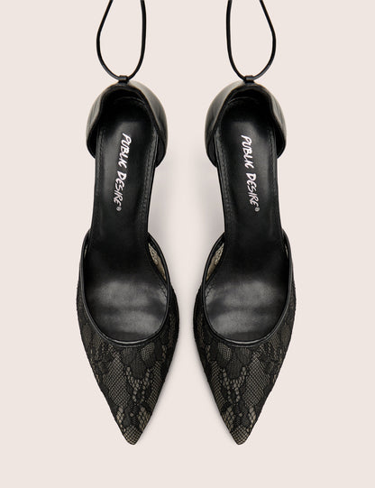 Laced Up Black Lace Wrap Around Pointed Toe Heels
