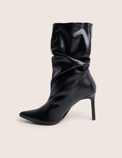 LILU BLACK PU RUCHED MID HEEL ANKLE BOOT