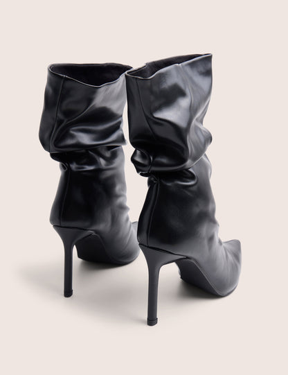 LILU BLACK PU RUCHED MID HEEL ANKLE BOOT