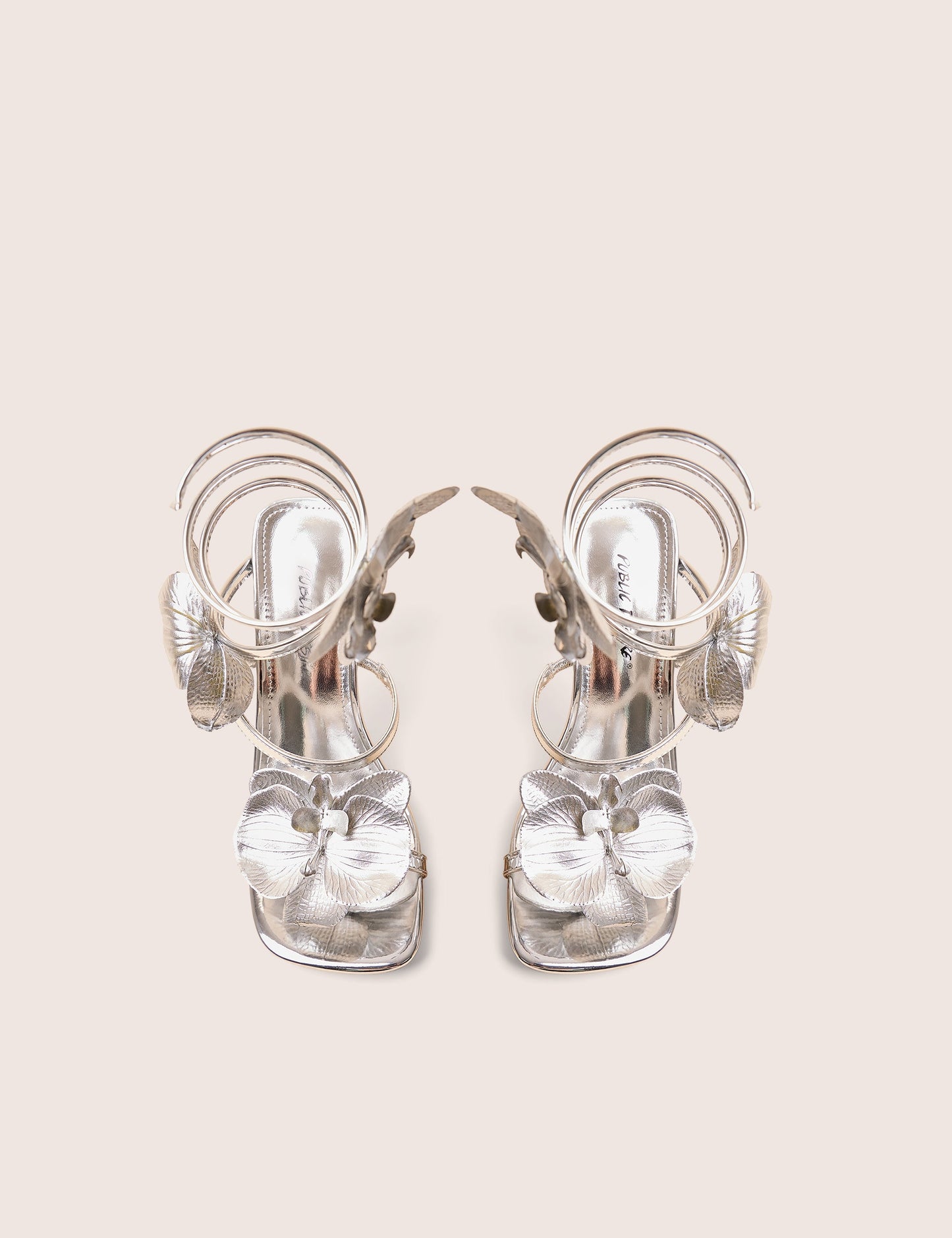 Lotus Silver Mirror & Silver Flower Trim Wrap Around Flared Stiletto High Heels