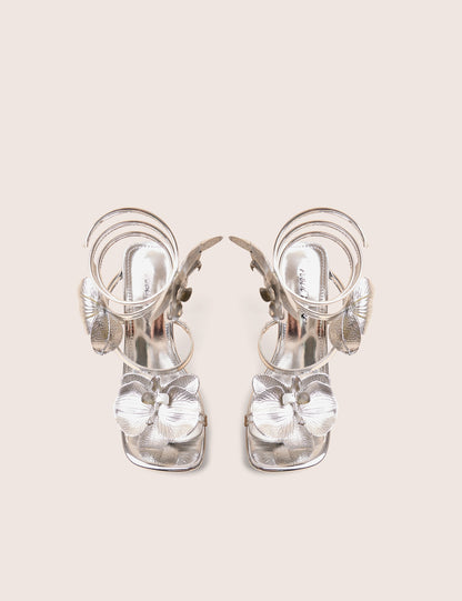 Lotus Silver Mirror & Silver Flower Trim Wrap Around Flared Stiletto High Heels