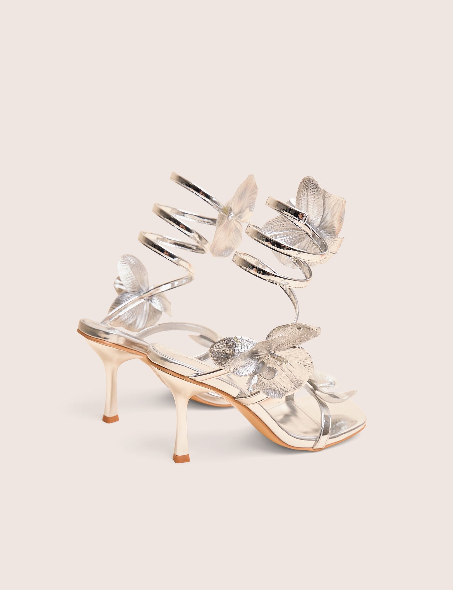 Lotus Silver Mirror & Silver Flower Trim Wrap Around Flared Stiletto High Heels