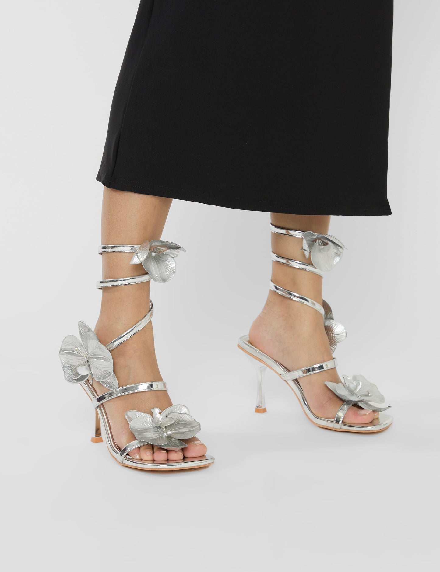 Lotus Silver Mirror & Silver Flower Trim Wrap Around Flared Stiletto High Heels