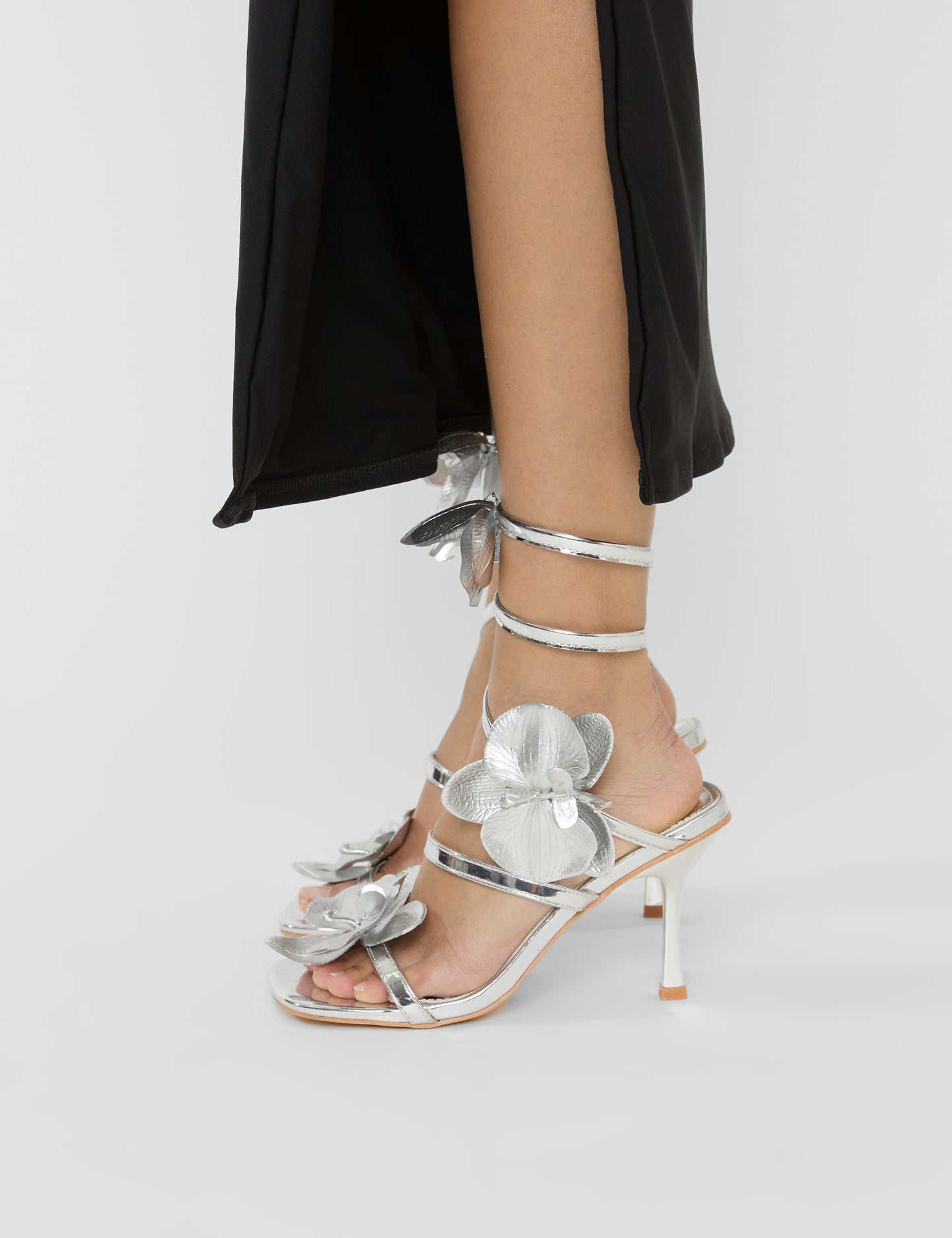Lotus Silver Mirror & Silver Flower Trim Wrap Around Flared Stiletto High Heels