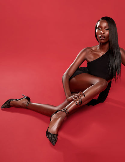 Laced Up Black Lace Wrap Around Pointed Toe Heels