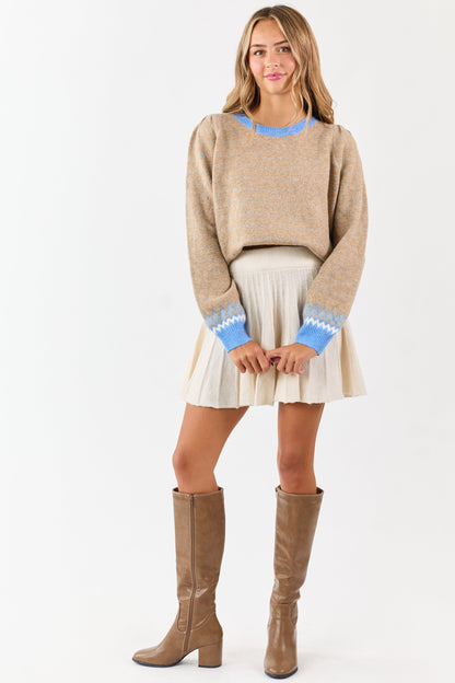 Latte Colorblock Abstract Print Puff Sleeve Sweater