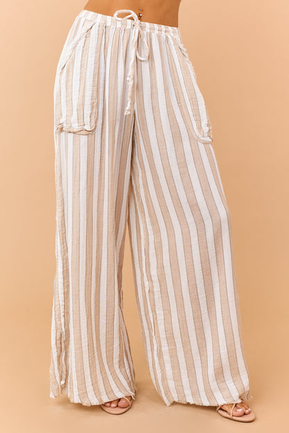 Latte Cotton Striped Elastic Waistband Pants