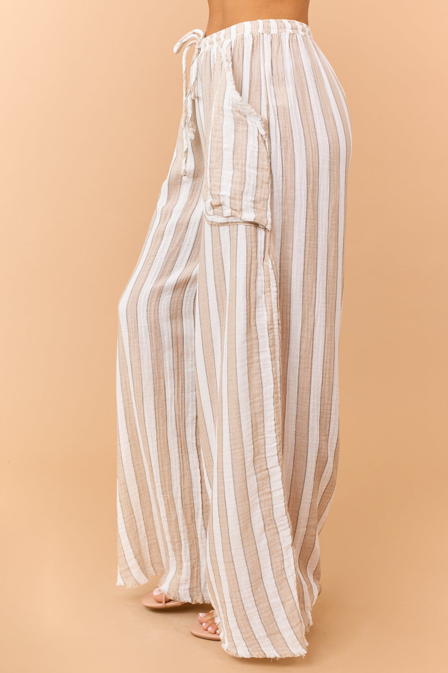 Latte Cotton Striped Elastic Waistband Pants