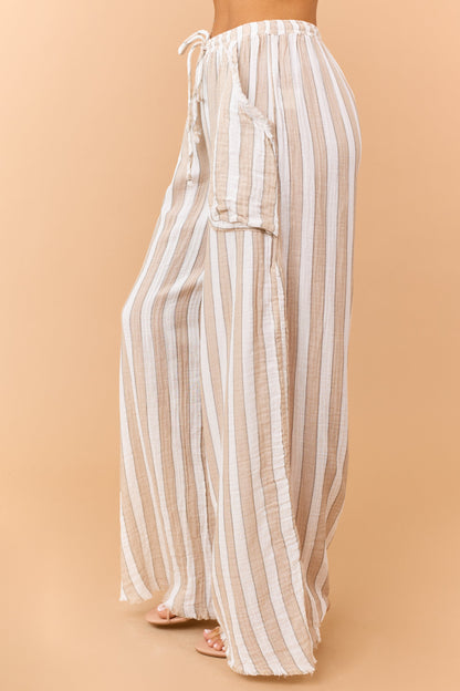 Latte Cotton Striped Elastic Waistband Pants