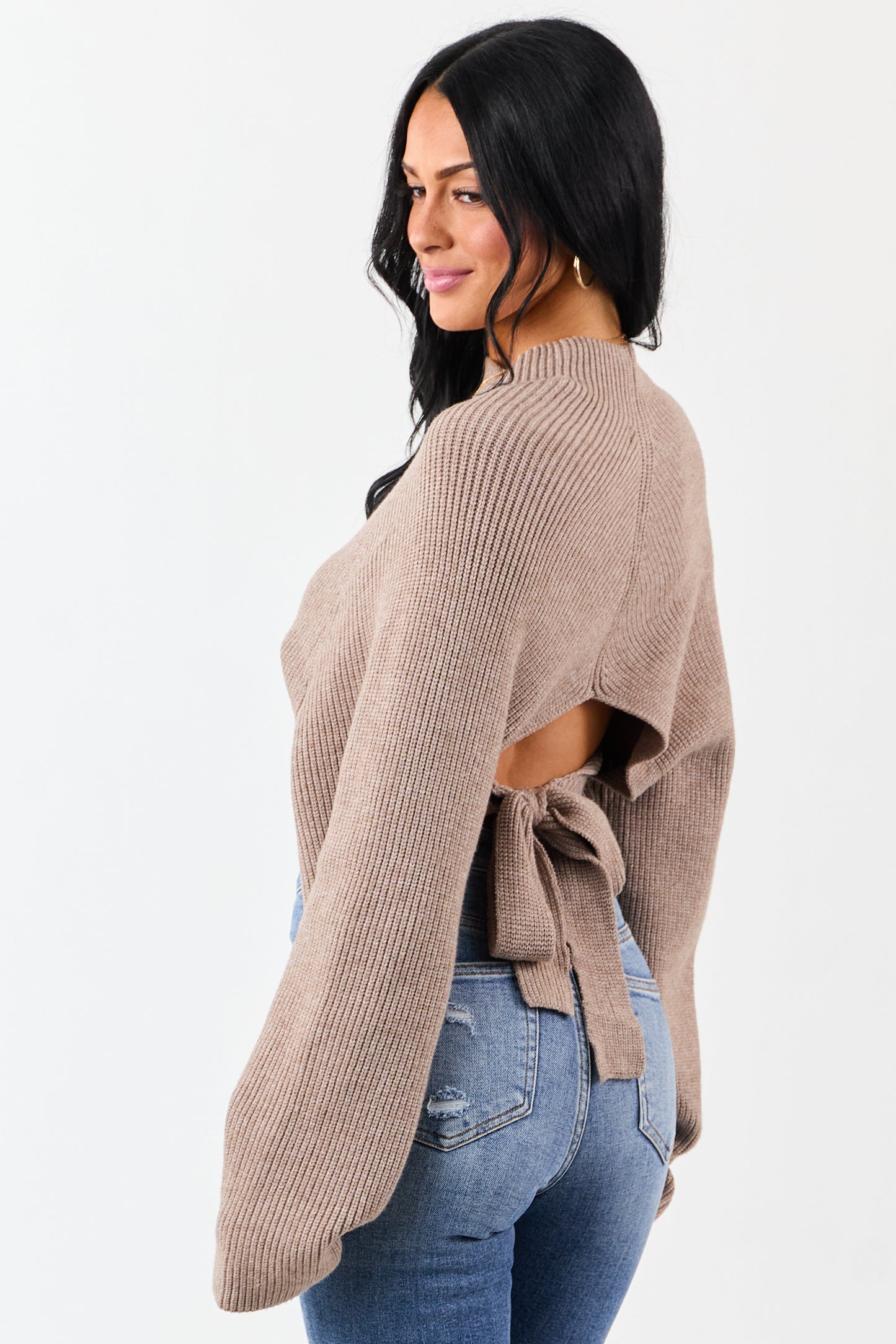 Latte Mock Neck Back Cut Out Ribbed Sweater