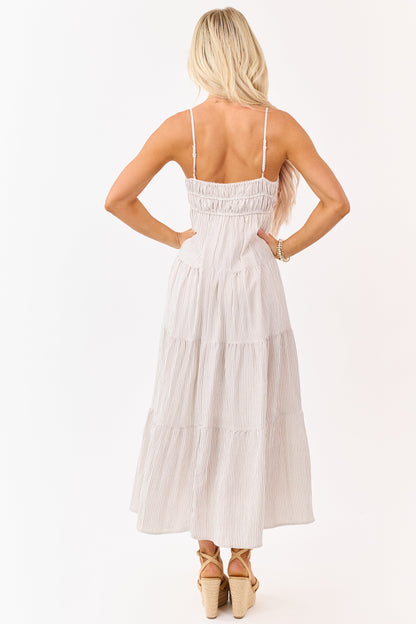 Latte and Ivory Striped Babydoll Tiered Midi Dress