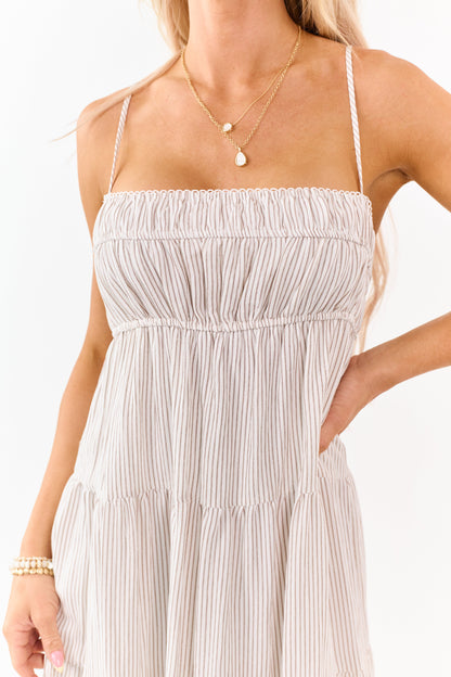 Latte and Ivory Striped Babydoll Tiered Midi Dress