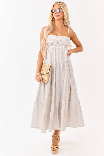 Latte and Ivory Striped Babydoll Tiered Midi Dress