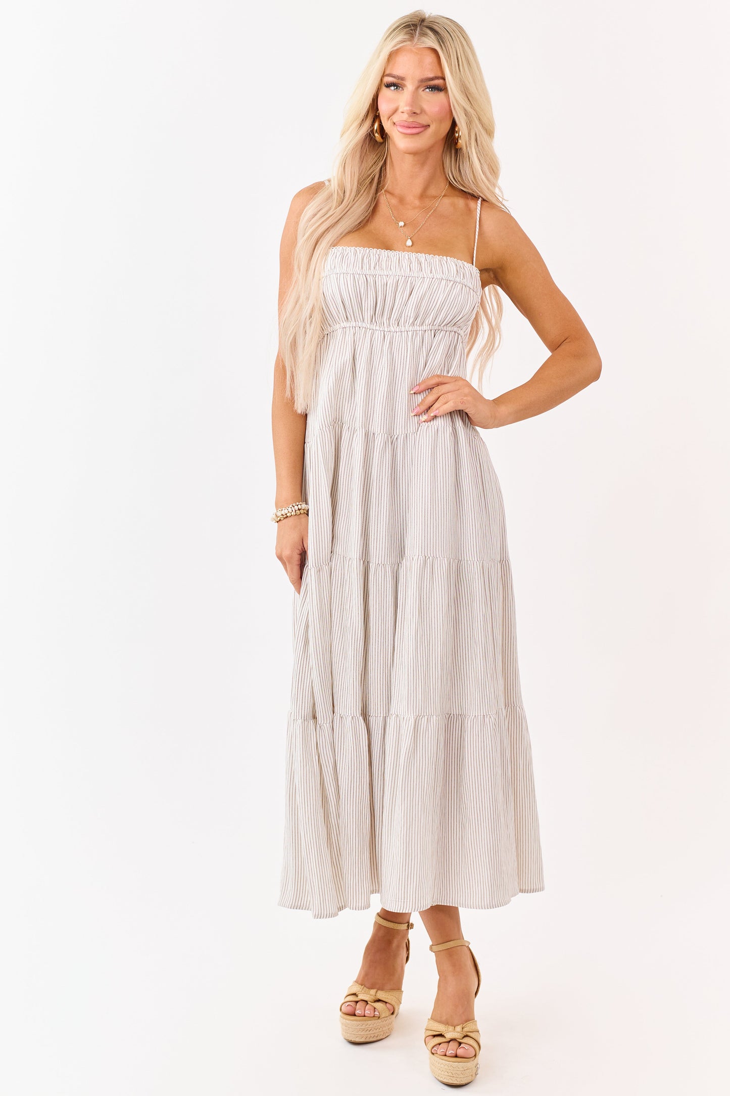 Latte and Ivory Striped Babydoll Tiered Midi Dress