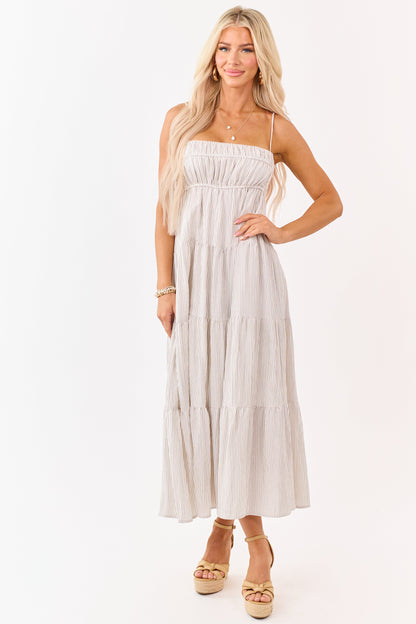 Latte and Ivory Striped Babydoll Tiered Midi Dress
