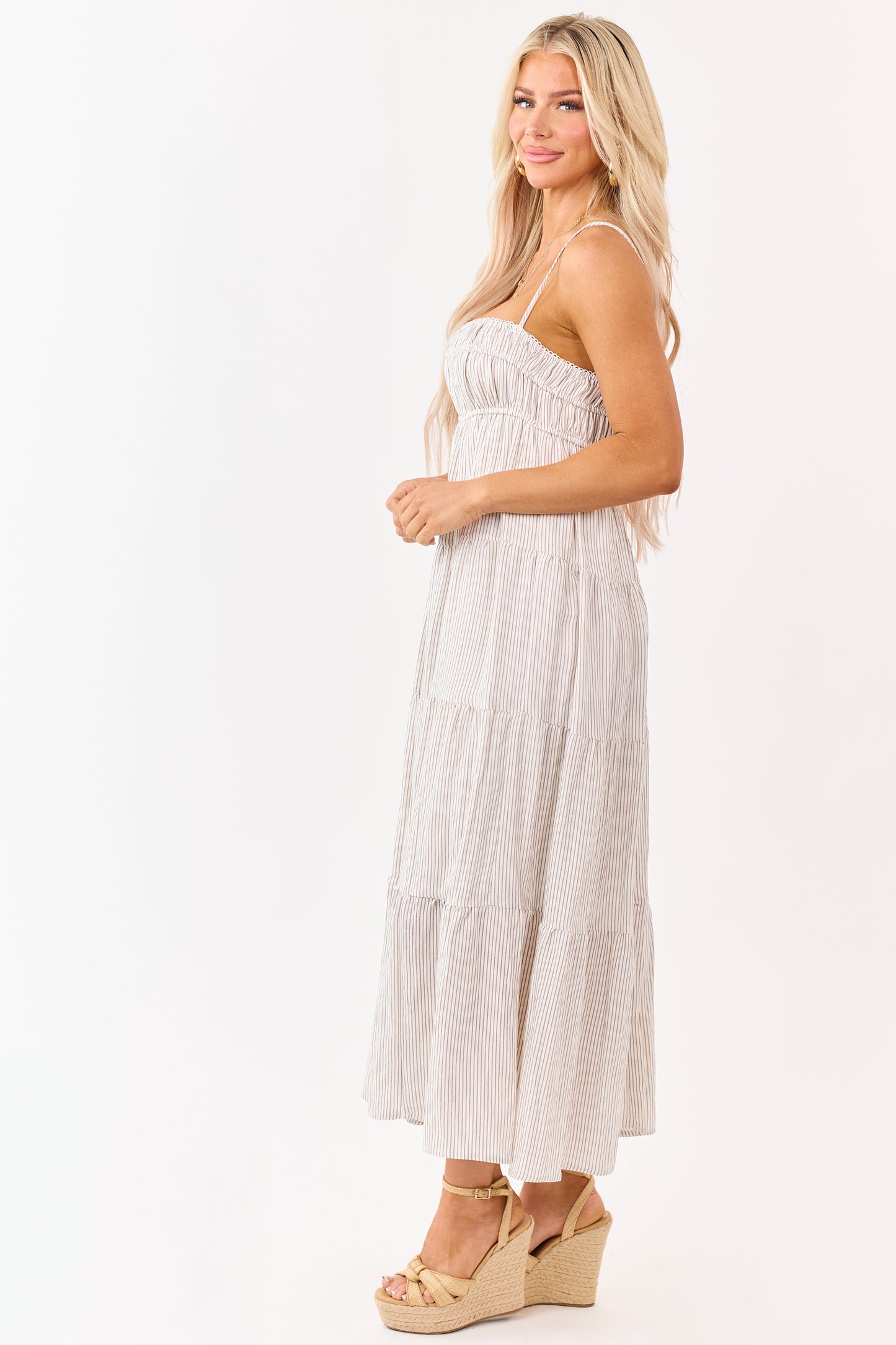 Latte and Ivory Striped Babydoll Tiered Midi Dress