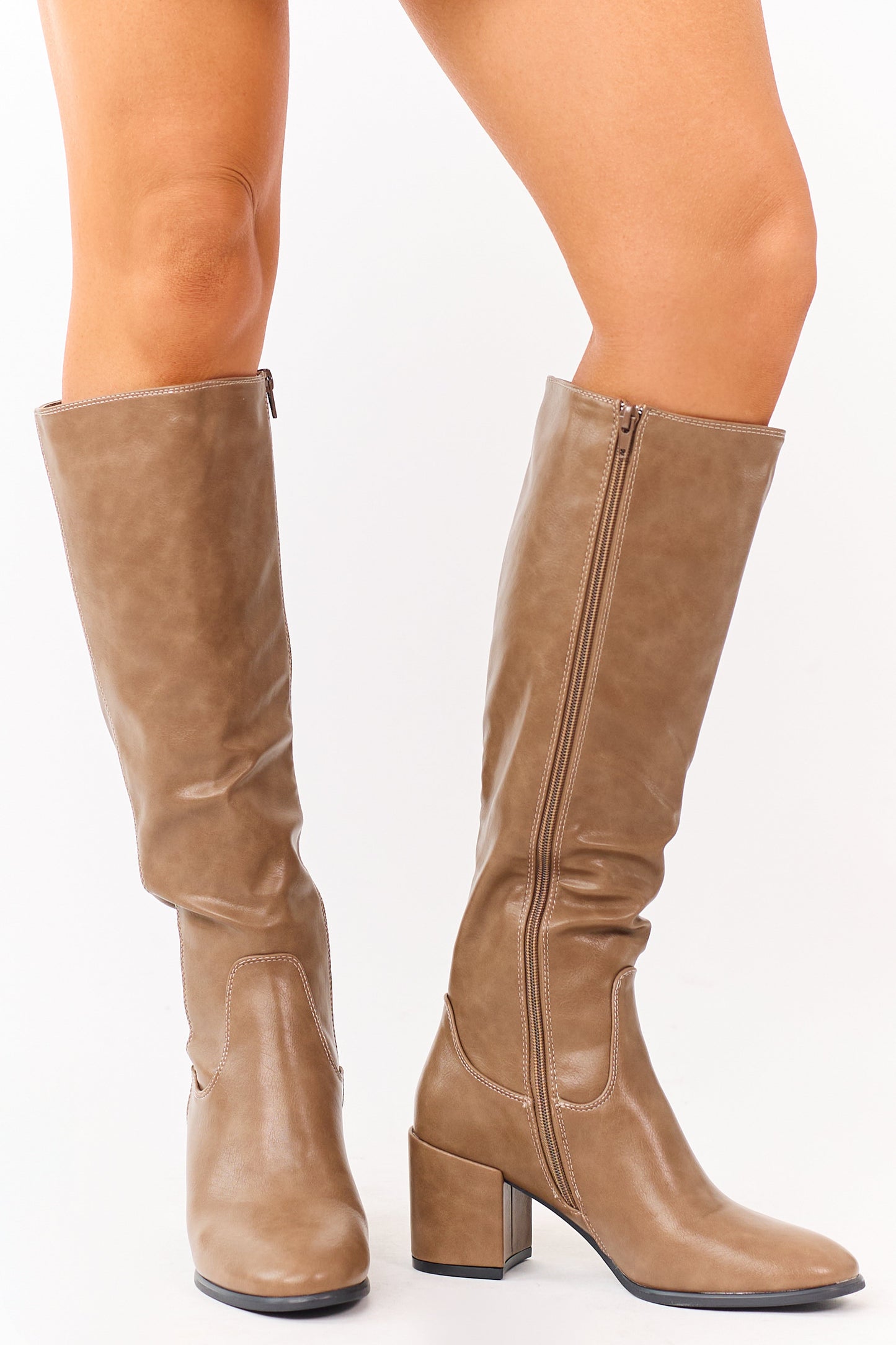 Latte Faux Leather Tall Block Heel Boots