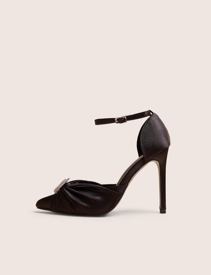 Meant to Be Black Satin Diamante Heart Court Stiletto Heel