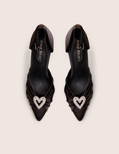 Meant to Be Black Satin Diamante Heart Court Stiletto Heel