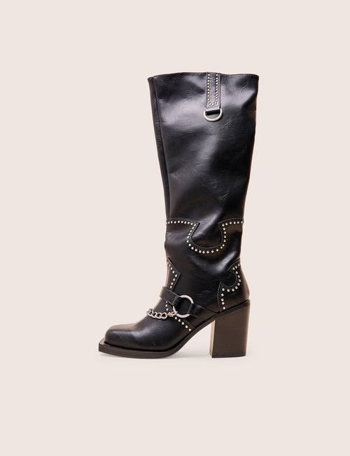 Nashville Black Western Studded Block Heel Knee High Boot