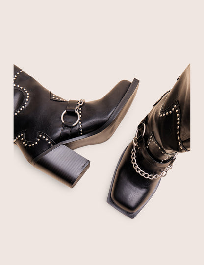 Nashville Wide Fit Black Western Studded Block Heel Knee High Boot