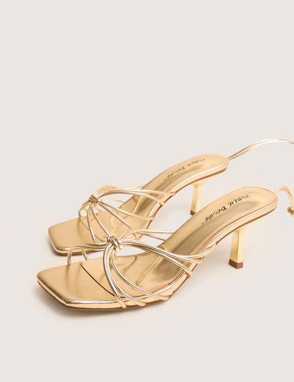 Nora Gold Pu Lace Up Strappy Mid Heels
