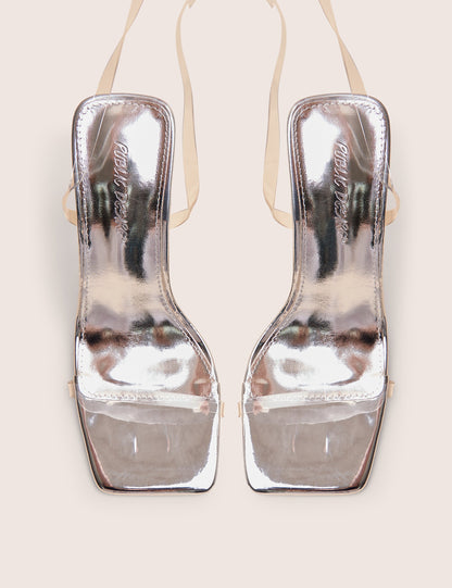 Rya Silver Mirror Square Toe Strappy Barely There Stiletto High Heels