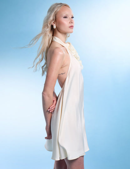 Satin Swing Dress With Corsage Ivory