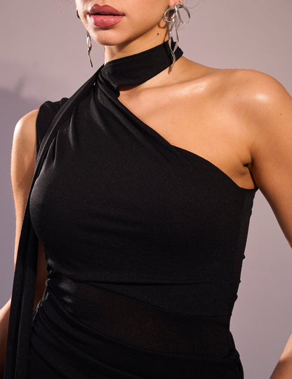 Mesh Choker Detail Asymmetric Midaxi Dress Black