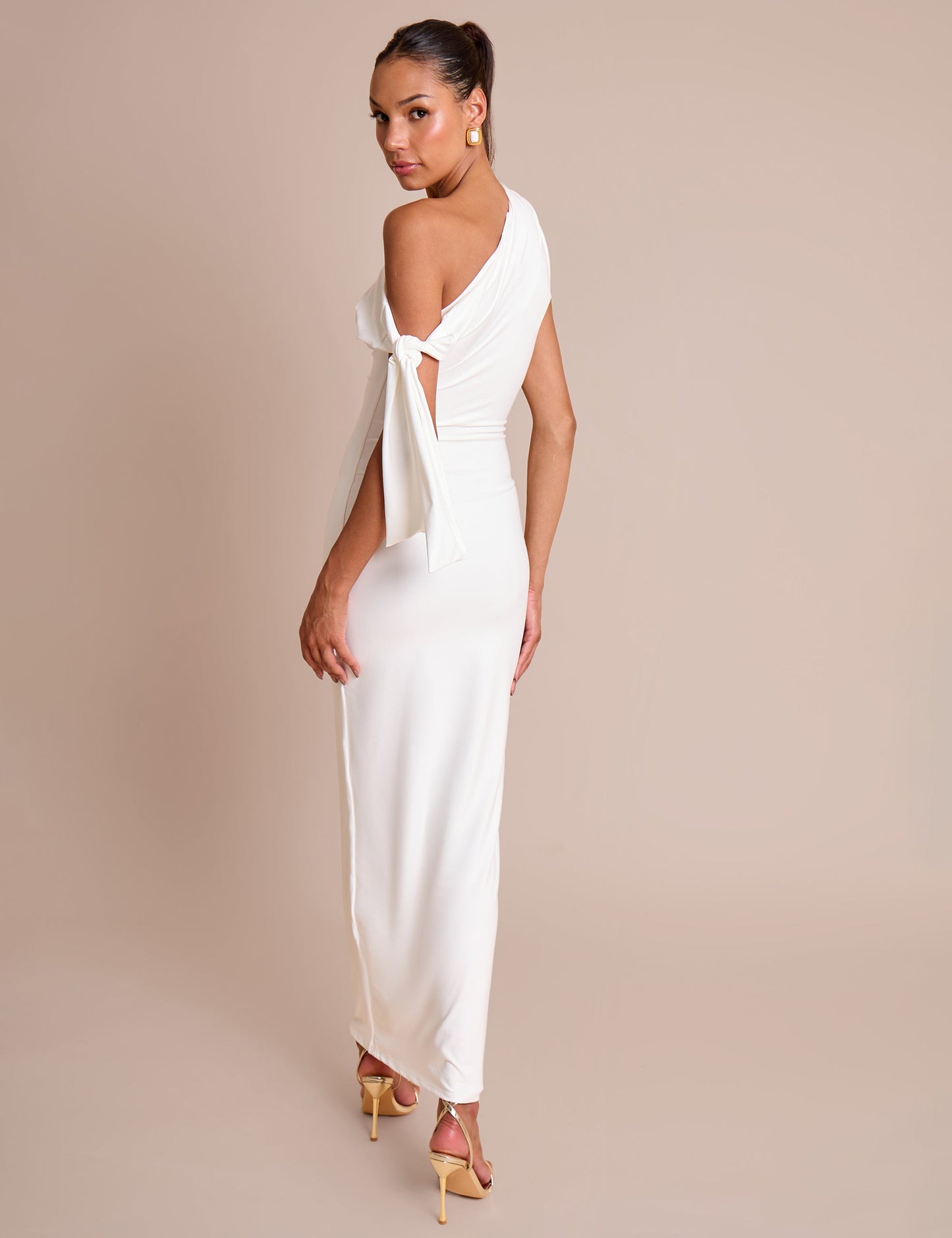 Knot Detail Asymmetric One Shoulder Luxe Slinky Maxi Dress White