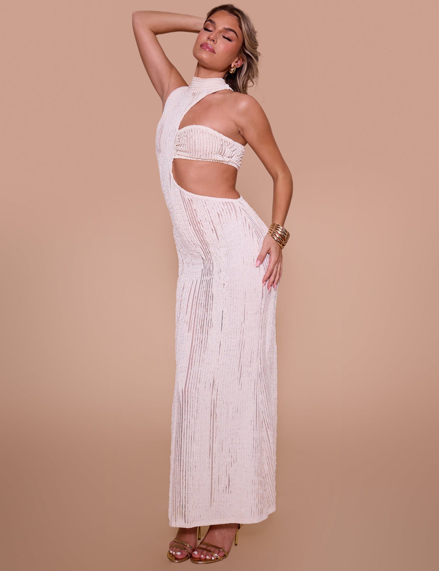 Textured Asymmetric Cut Out Maxi Dress Cream